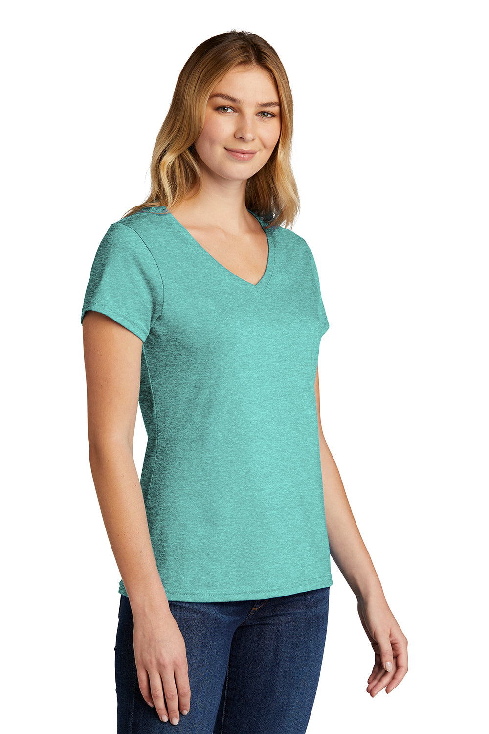 Port & Company LPC330V Womens Short Sleeve V-Neck T-Shirt Heather Vivid Teal Green Model 3q