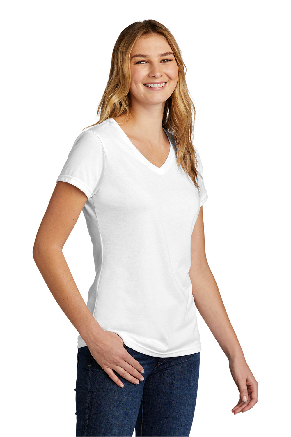 Port & Company LPC330V Womens Short Sleeve V-Neck T-Shirt White Model 3q