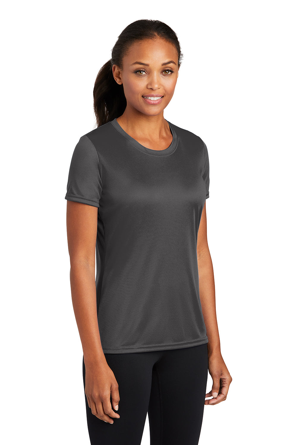 Port & Company LPC380 Womens Dry Zone Performance Moisture Wicking Short Sleeve Crewneck T-Shirt Charcoal Grey Model 3q