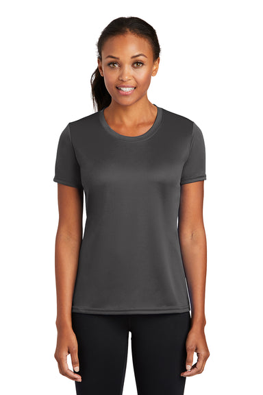 Port & Company LPC380 Womens Dry Zone Performance Moisture Wicking Short Sleeve Crewneck T-Shirt Charcoal Grey Model Front