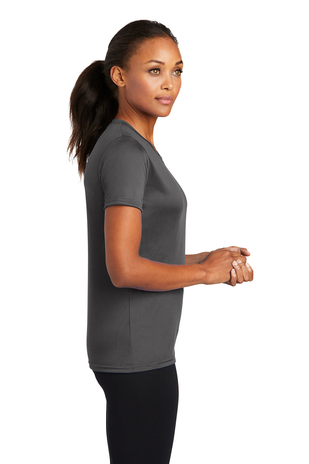 Port & Company LPC380 Womens Dry Zone Performance Moisture Wicking Short Sleeve Crewneck T-Shirt Charcoal Grey Model Side