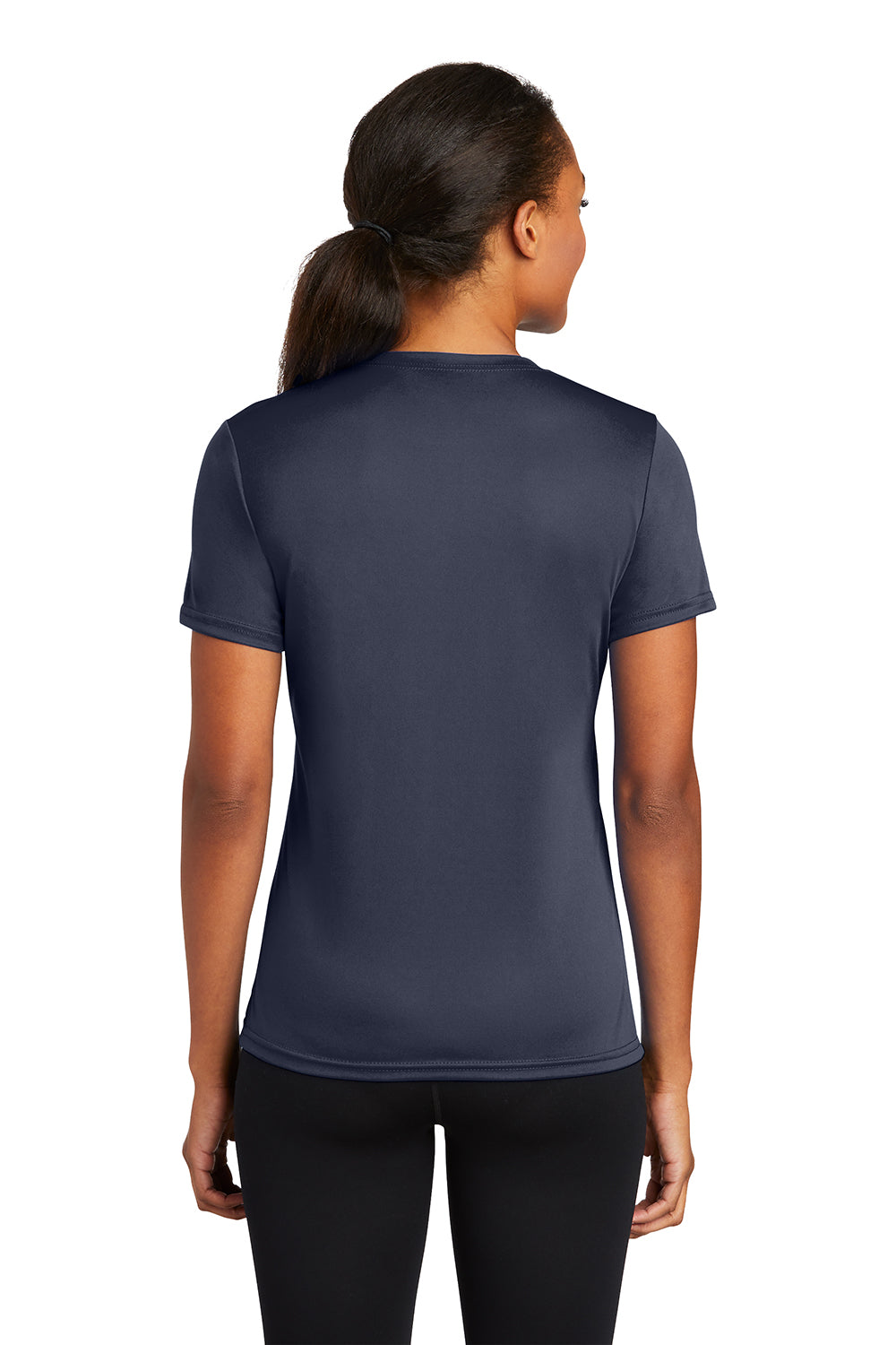 Port & Company LPC380 Womens Dry Zone Performance Moisture Wicking Short Sleeve Crewneck T-Shirt Deep Navy Blue Model Back