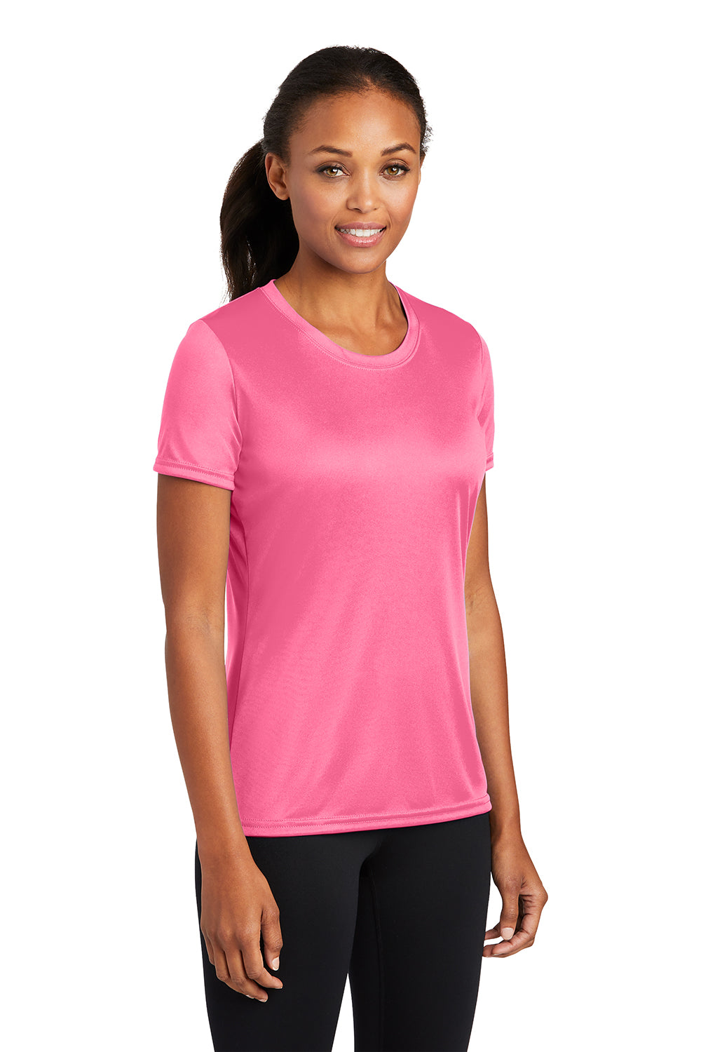 Port & Company LPC380 Womens Dry Zone Performance Moisture Wicking Short Sleeve Crewneck T-Shirt Neon Pink Model 3q