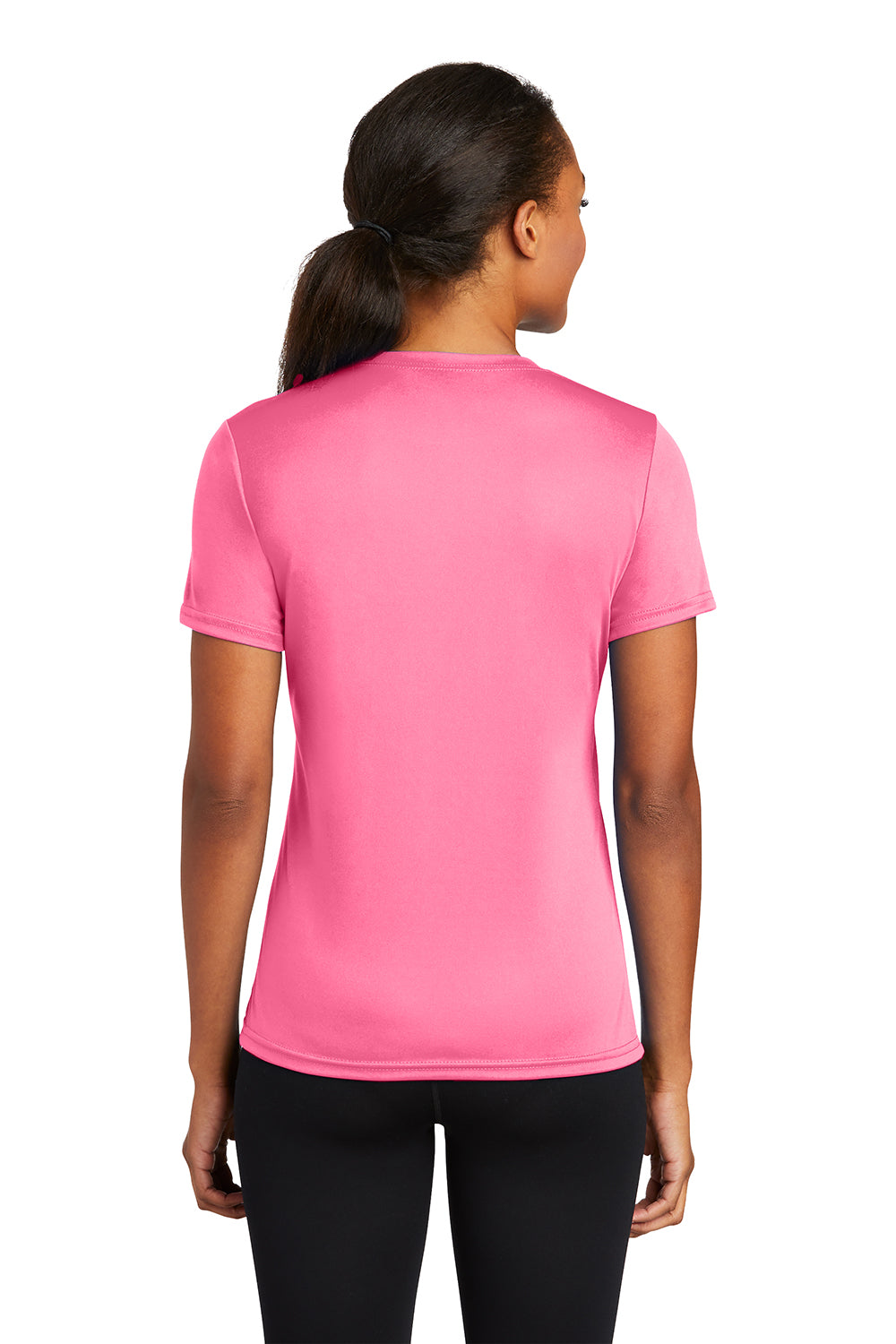 Port & Company LPC380 Womens Dry Zone Performance Moisture Wicking Short Sleeve Crewneck T-Shirt Neon Pink Model Back