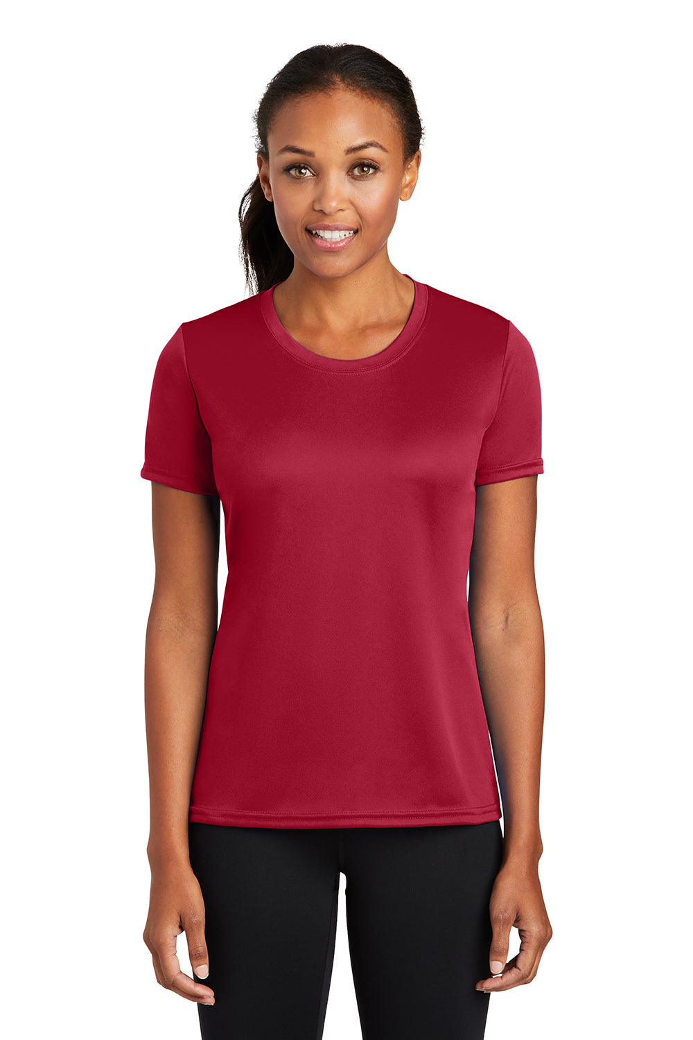 Port & Company LPC380 Womens Dry Zone Performance Moisture Wicking Short Sleeve Crewneck T-Shirt Red Model Front