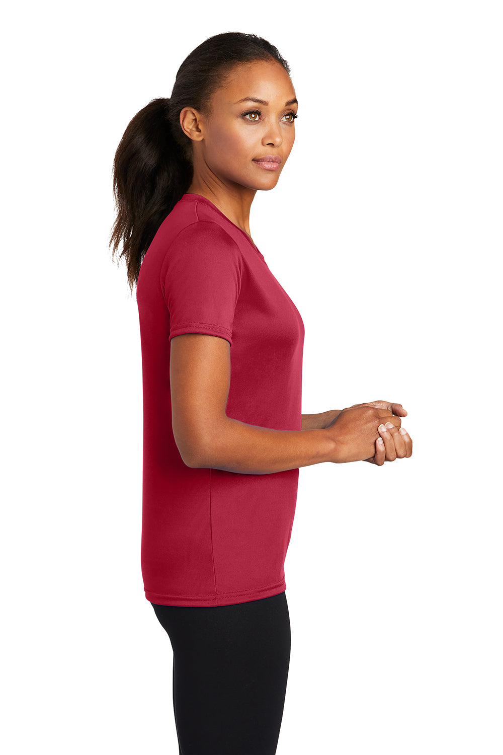 Port & Company LPC380 Womens Dry Zone Performance Moisture Wicking Short Sleeve Crewneck T-Shirt Red Model Side