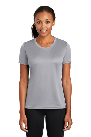 Port & Company LPC380 Womens Dry Zone Performance Moisture Wicking Short Sleeve Crewneck T-Shirt Silver Grey Model Front