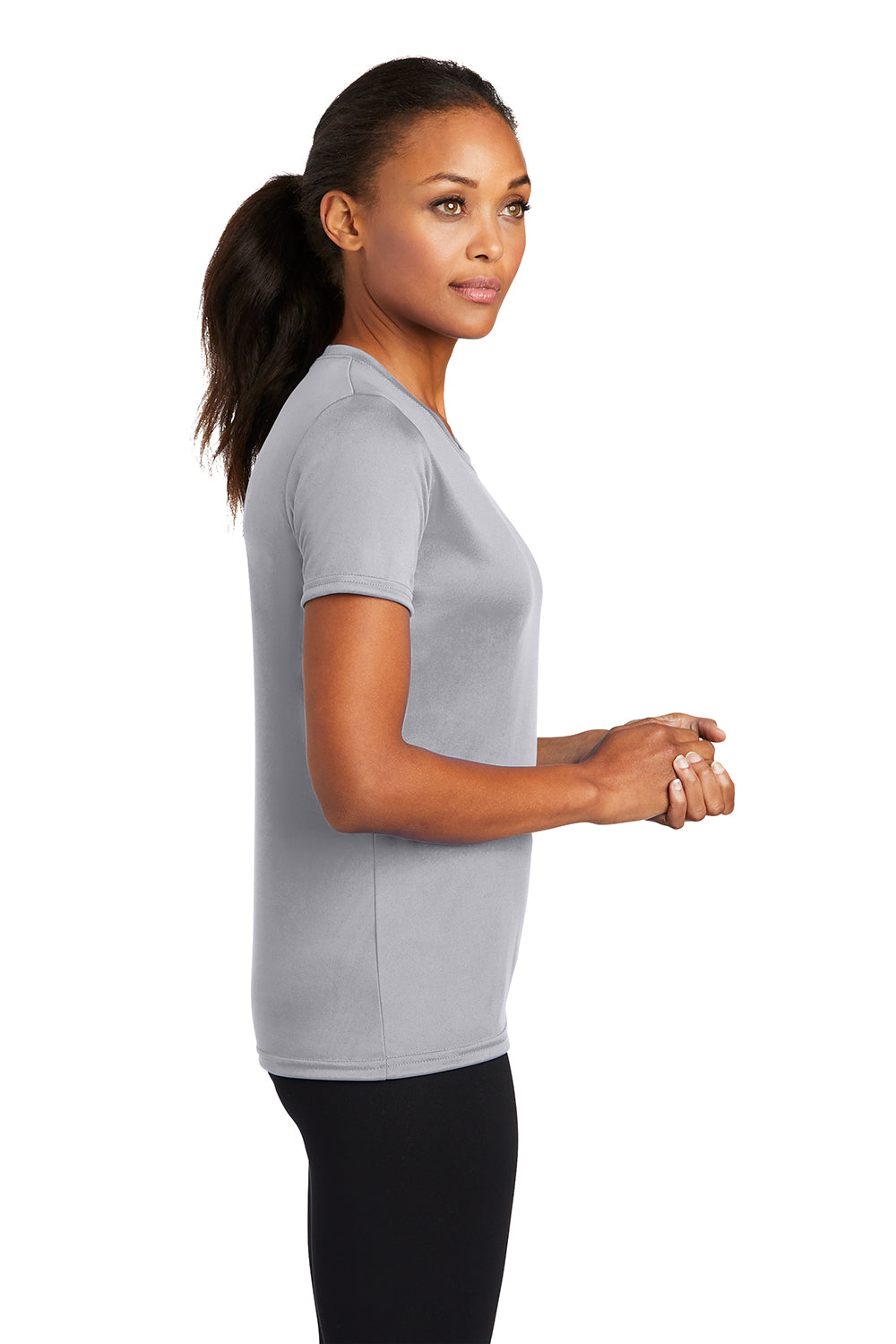 Port & Company LPC380 Womens Dry Zone Performance Moisture Wicking Short Sleeve Crewneck T-Shirt Silver Grey Model Side