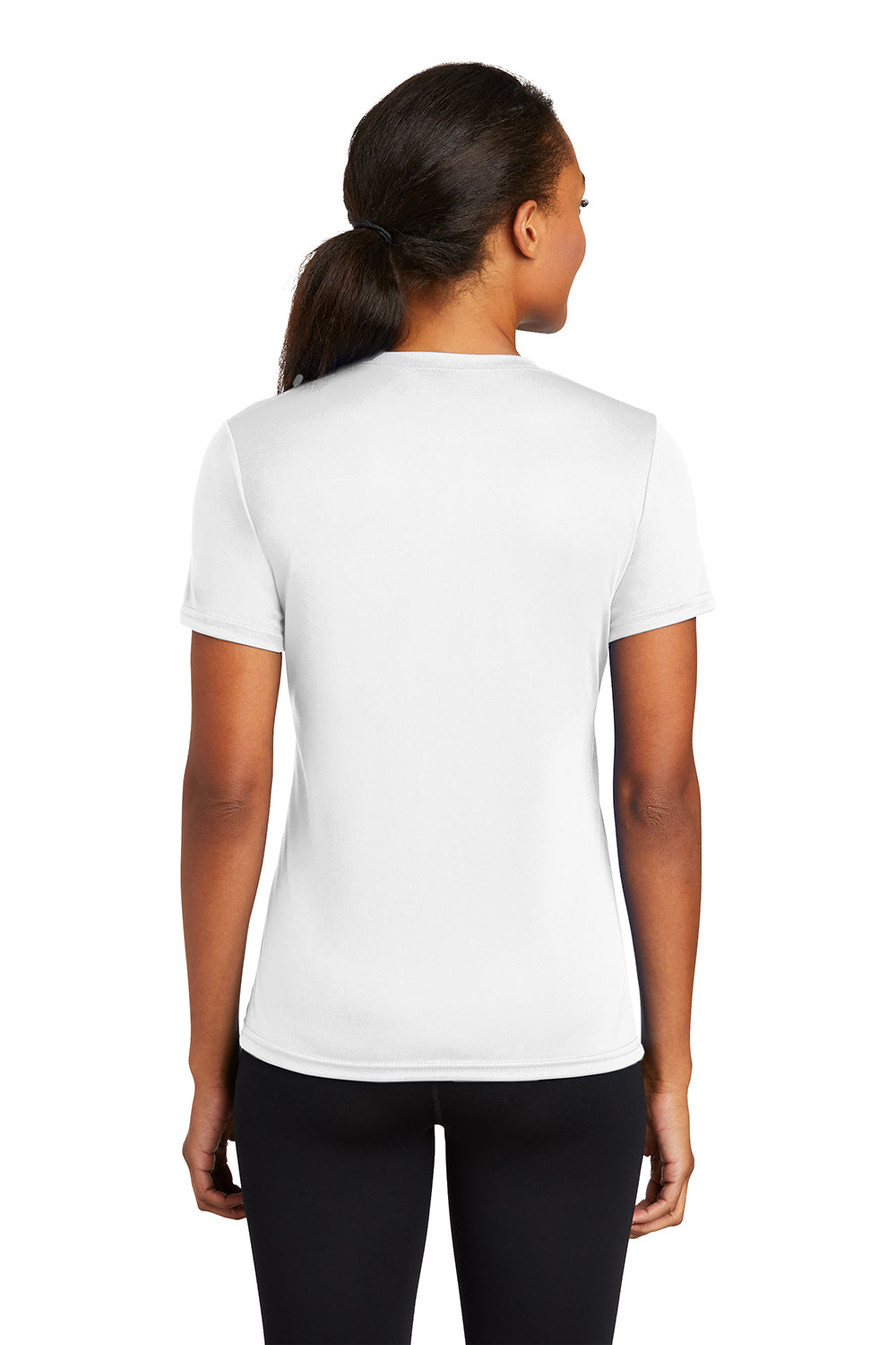 Port & Company LPC380 Womens Dry Zone Performance Moisture Wicking Short Sleeve Crewneck T-Shirt White Model Back