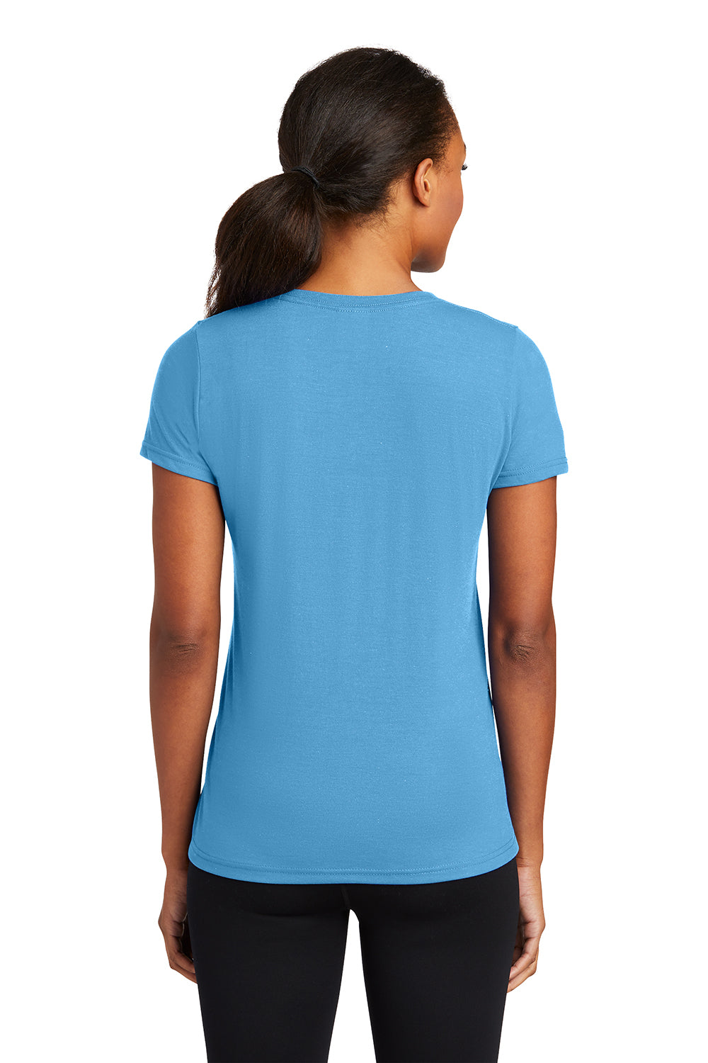 Port & Company LPC381V Womens Dry Zone Performance Moisture Wicking Short Sleeve V-Neck T-Shirt Aquatic Blue Model Back