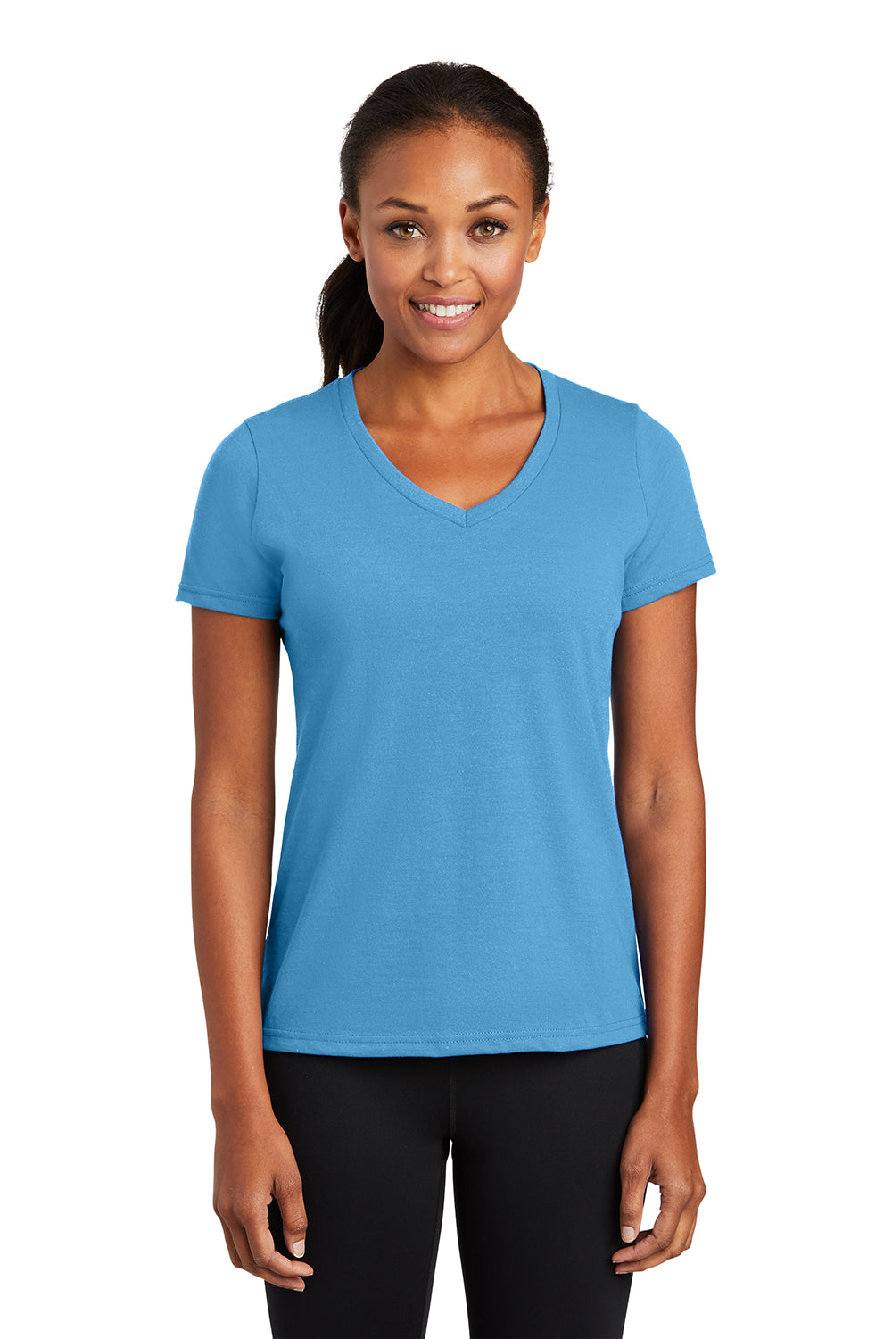 Port & Company LPC381V Womens Dry Zone Performance Moisture Wicking Short Sleeve V-Neck T-Shirt Aquatic Blue Model Front