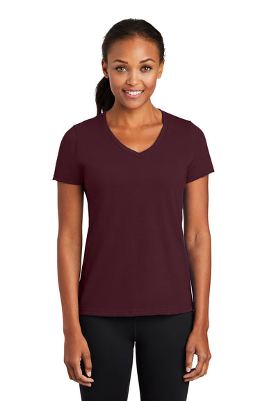 Port & Company LPC381V Womens Dry Zone Performance Moisture Wicking Short Sleeve V-Neck T-Shirt Athletic Maroon Model Front