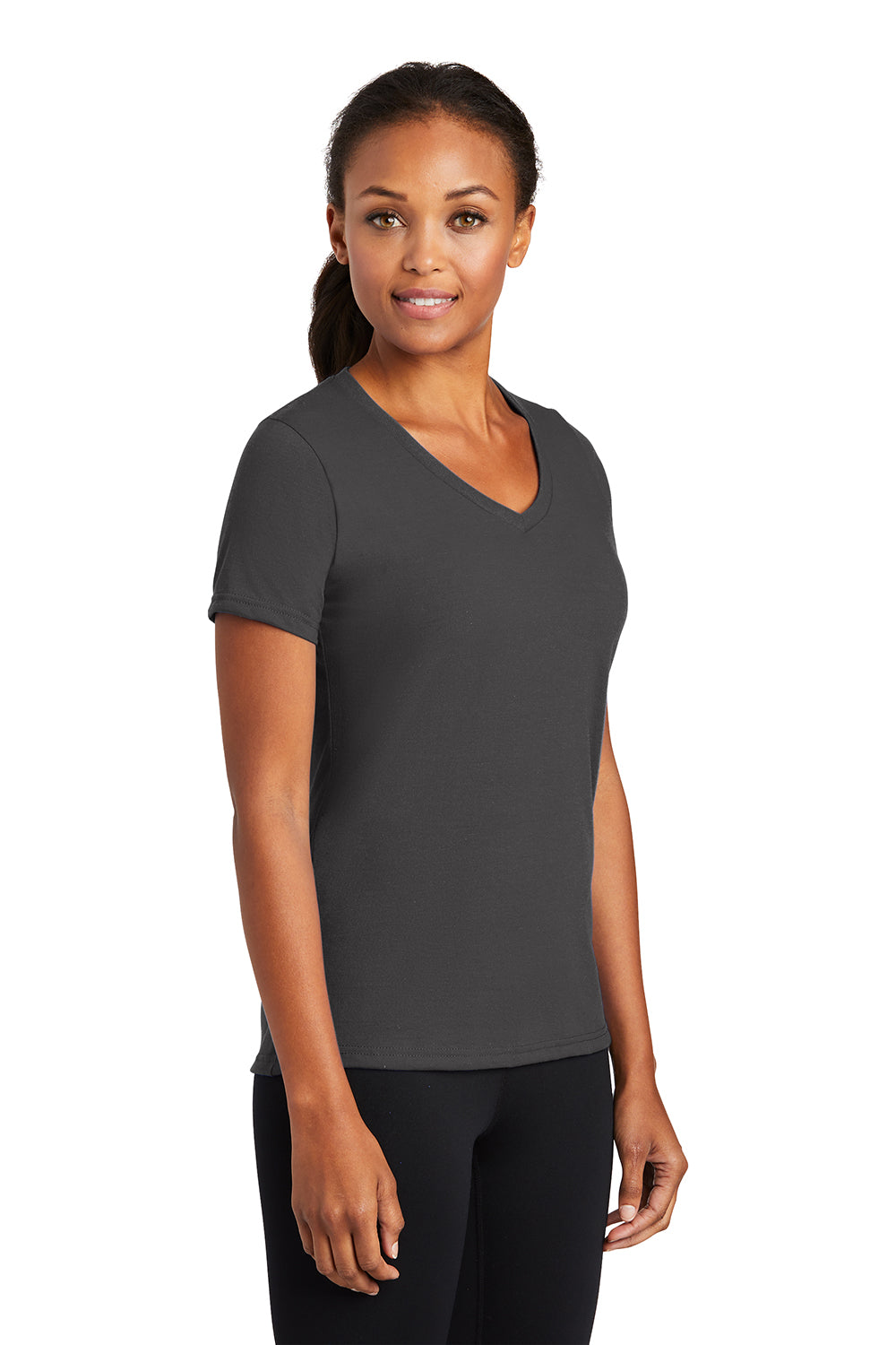 Port & Company LPC381V Womens Dry Zone Performance Moisture Wicking Short Sleeve V-Neck T-Shirt Charcoal Grey Model 3q