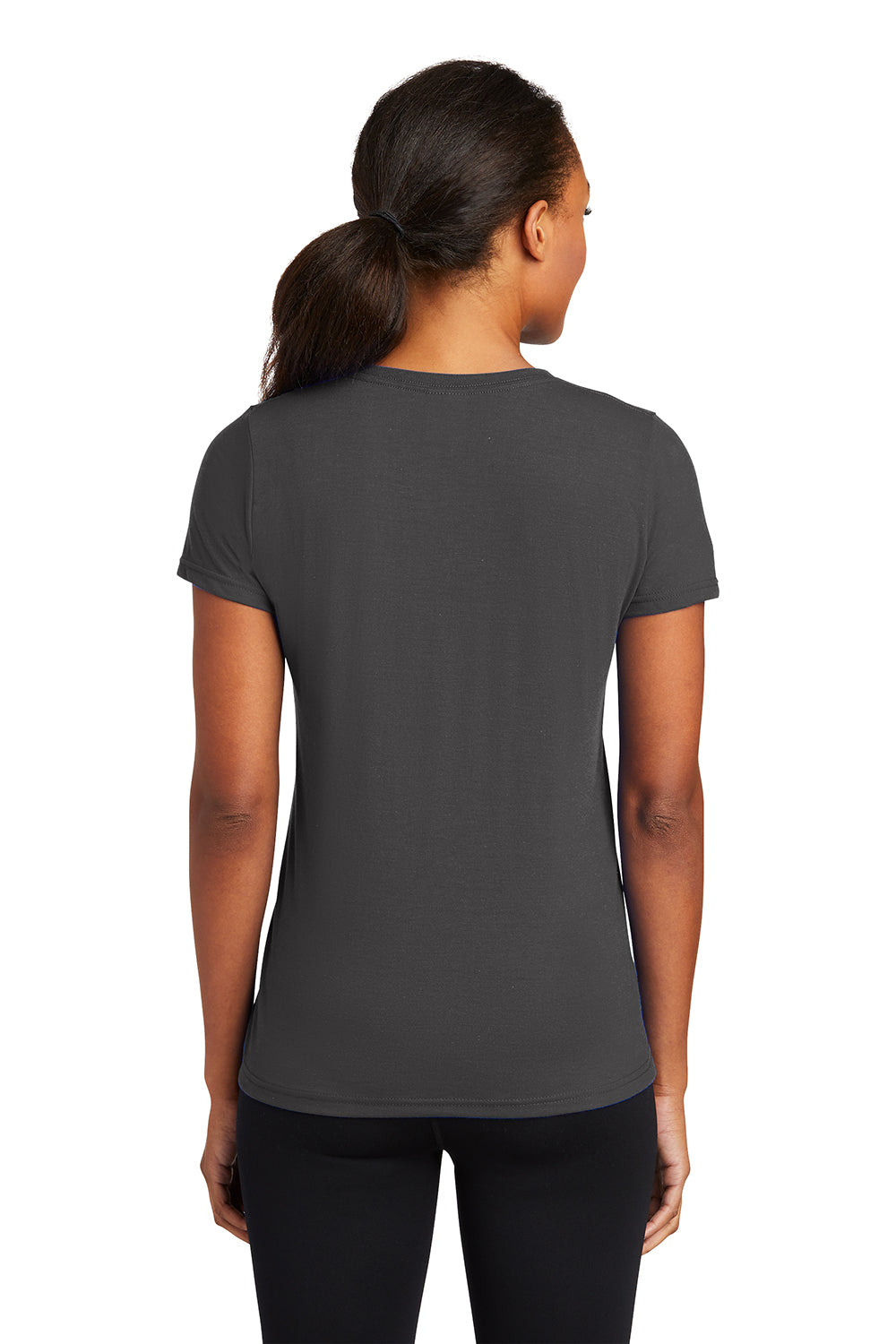 Port & Company LPC381V Womens Dry Zone Performance Moisture Wicking Short Sleeve V-Neck T-Shirt Charcoal Grey Model Back