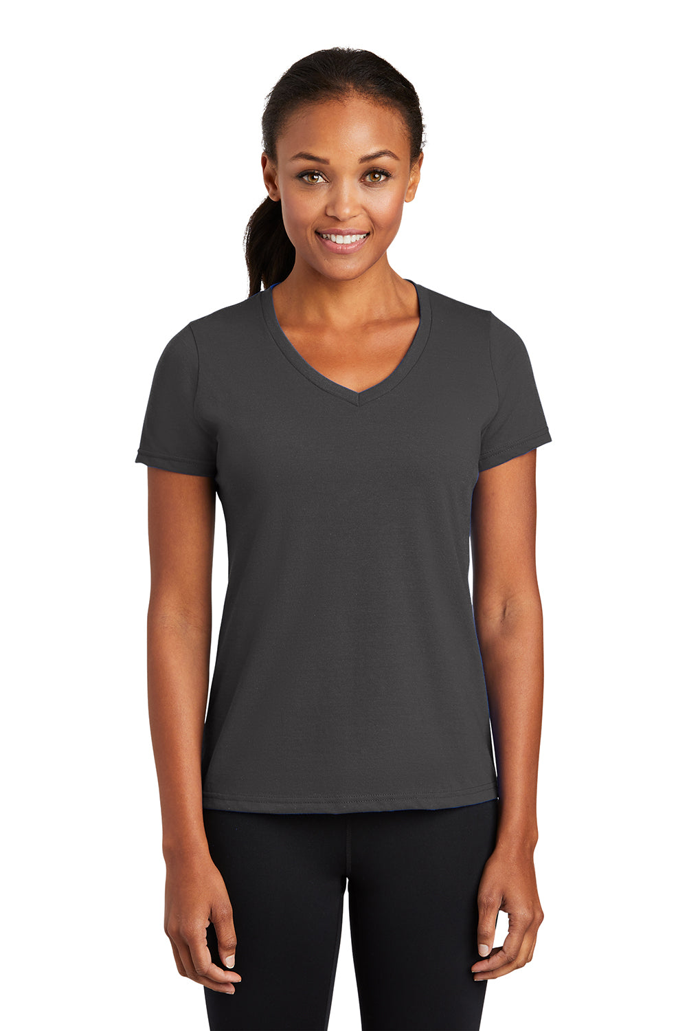 Port & Company LPC381V Womens Dry Zone Performance Moisture Wicking Short Sleeve V-Neck T-Shirt Charcoal Grey Model Front