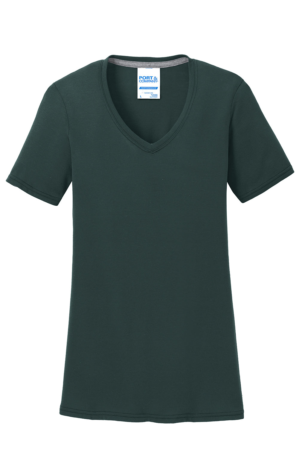 Port & Company LPC381V Womens Dry Zone Performance Moisture Wicking Short Sleeve V-Neck T-Shirt Dark Green Flat Front