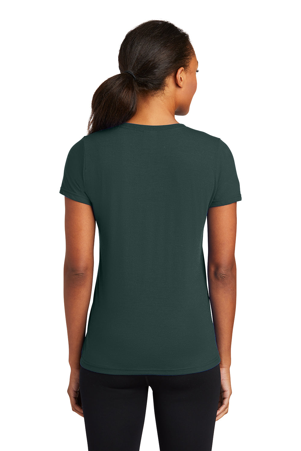 Port & Company LPC381V Womens Dry Zone Performance Moisture Wicking Short Sleeve V-Neck T-Shirt Dark Green Model Back