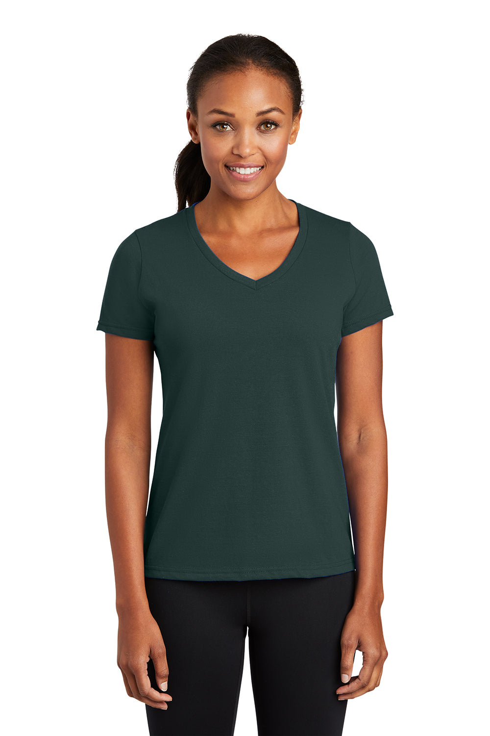 Port & Company LPC381V Womens Dry Zone Performance Moisture Wicking Short Sleeve V-Neck T-Shirt Dark Green Model Front