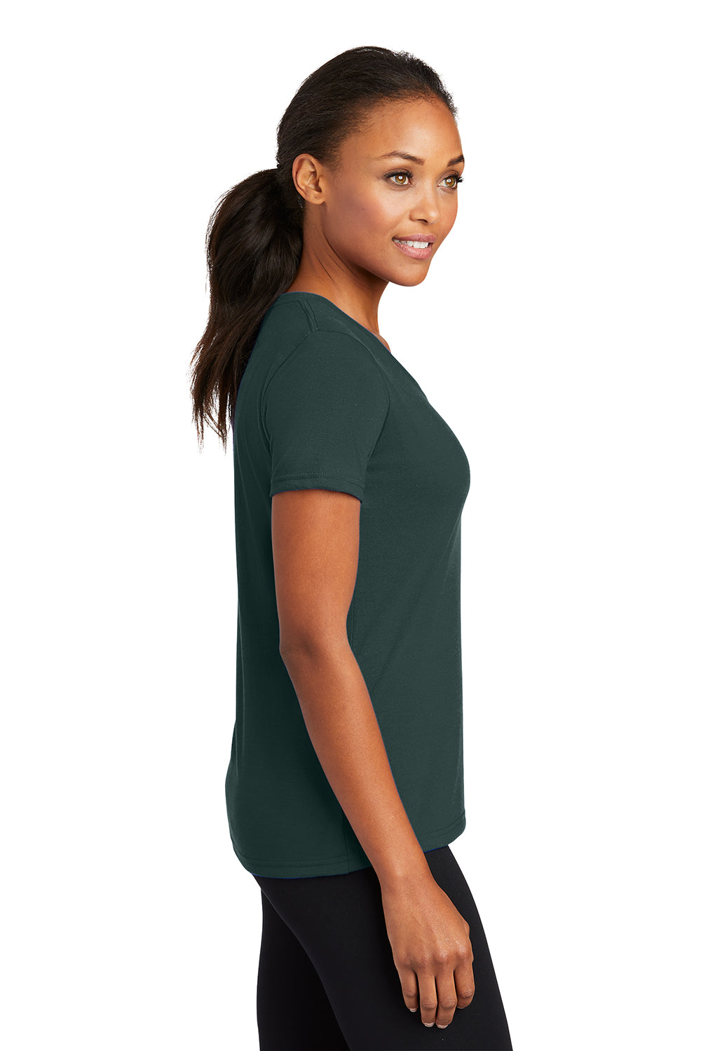 Port & Company LPC381V Womens Dry Zone Performance Moisture Wicking Short Sleeve V-Neck T-Shirt Dark Green Model Side