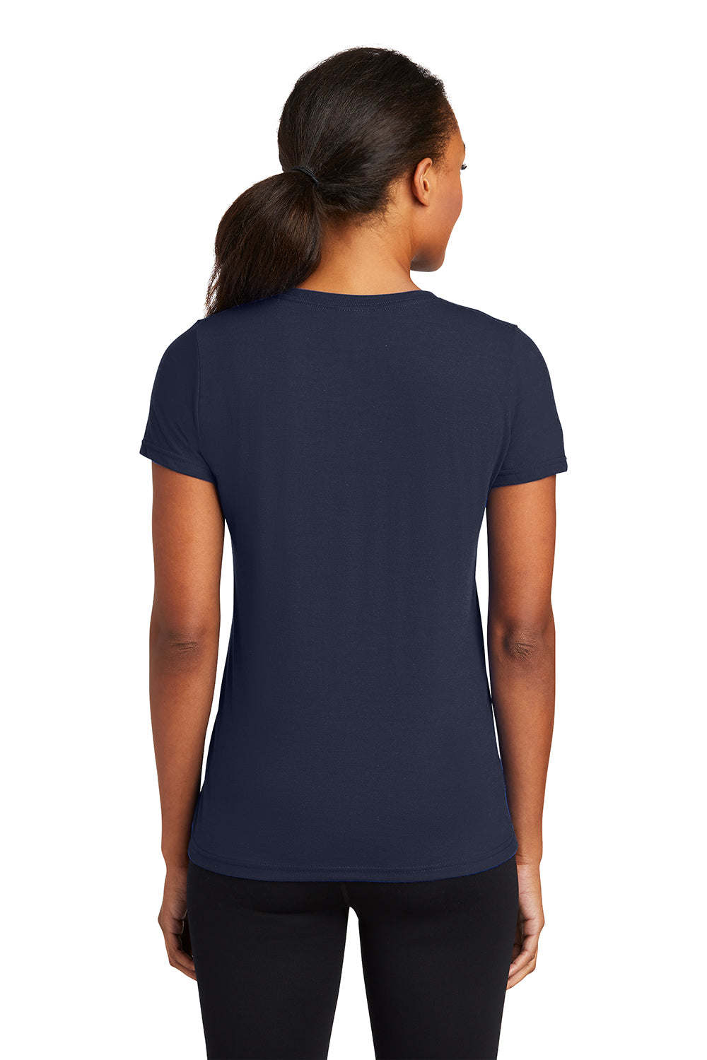 Port & Company LPC381V Womens Dry Zone Performance Moisture Wicking Short Sleeve V-Neck T-Shirt Deep Navy Blue Model Back