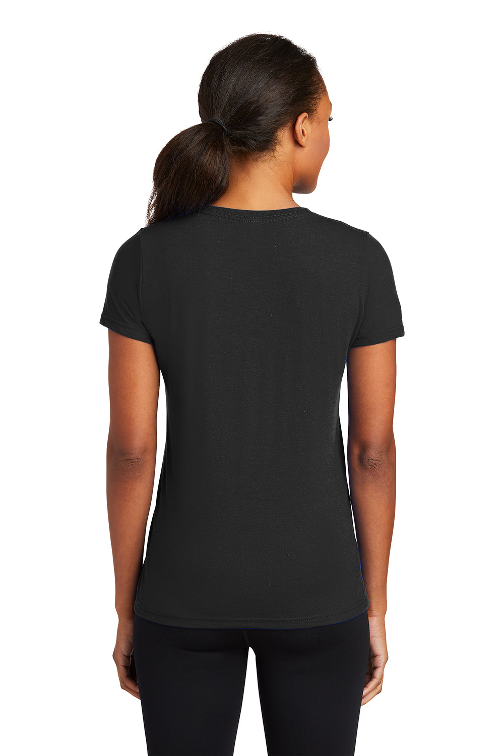 Port & Company LPC381V Womens Dry Zone Performance Moisture Wicking Short Sleeve V-Neck T-Shirt Jet Black Model Back