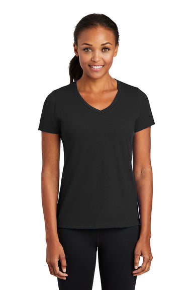 Port & Company LPC381V Womens Dry Zone Performance Moisture Wicking Short Sleeve V-Neck T-Shirt Jet Black Model Front