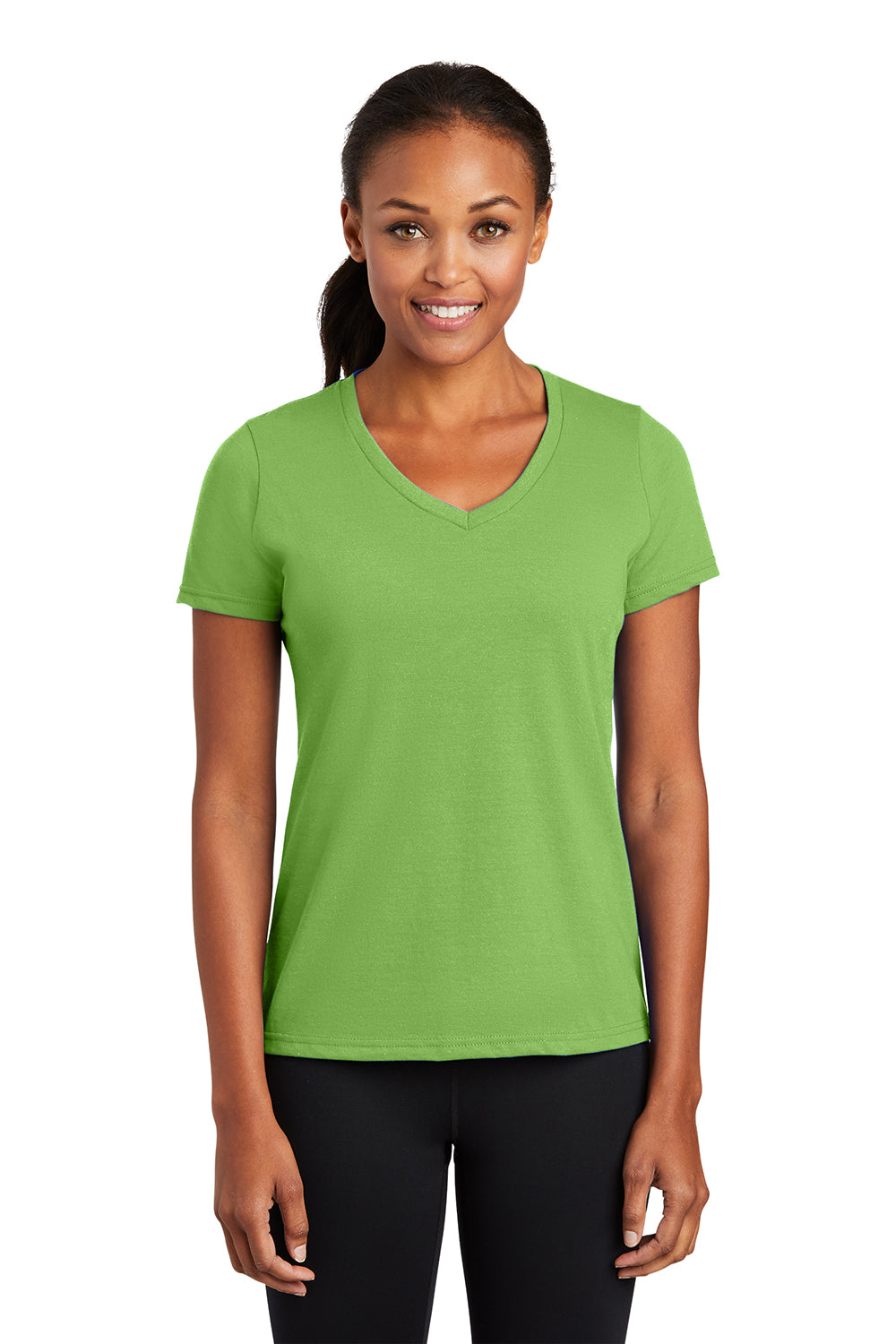 Port & Company LPC381V Womens Dry Zone Performance Moisture Wicking Short Sleeve V-Neck T-Shirt Lime Green Model Front