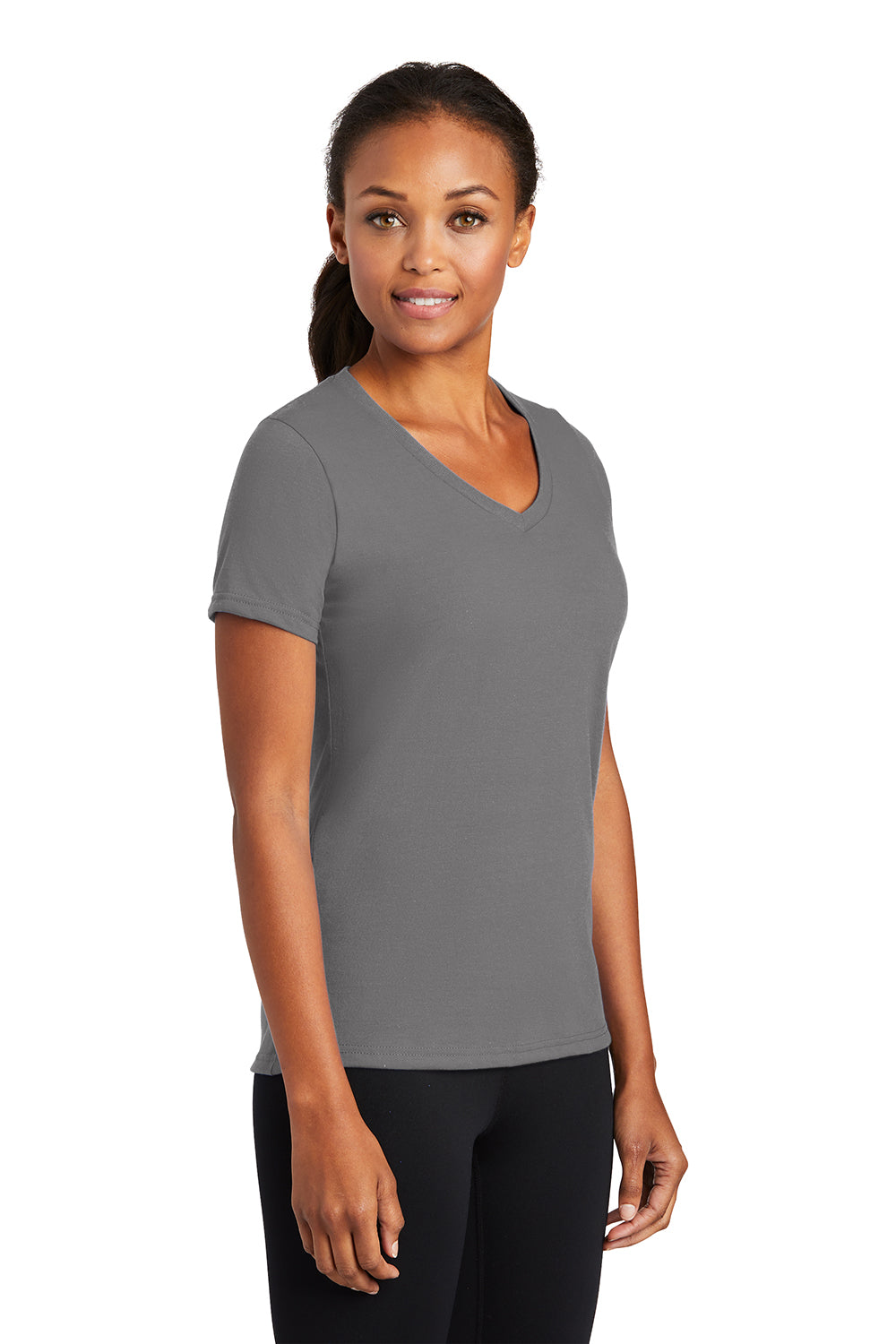 Port & Company LPC381V Womens Dry Zone Performance Moisture Wicking Short Sleeve V-Neck T-Shirt Medium Grey Model 3q