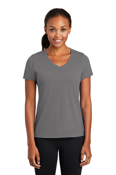 Port & Company LPC381V Womens Dry Zone Performance Moisture Wicking Short Sleeve V-Neck T-Shirt Medium Grey Model Front