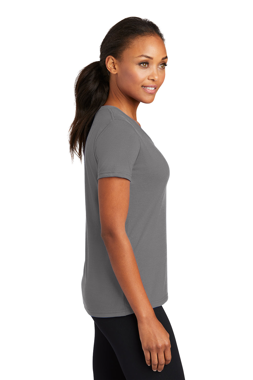 Port & Company LPC381V Womens Dry Zone Performance Moisture Wicking Short Sleeve V-Neck T-Shirt Medium Grey Model Side