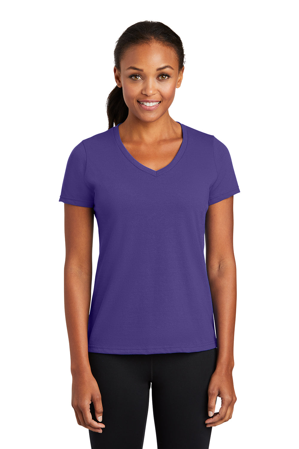 Port & Company LPC381V Womens Dry Zone Performance Moisture Wicking Short Sleeve V-Neck T-Shirt Purple Model Front