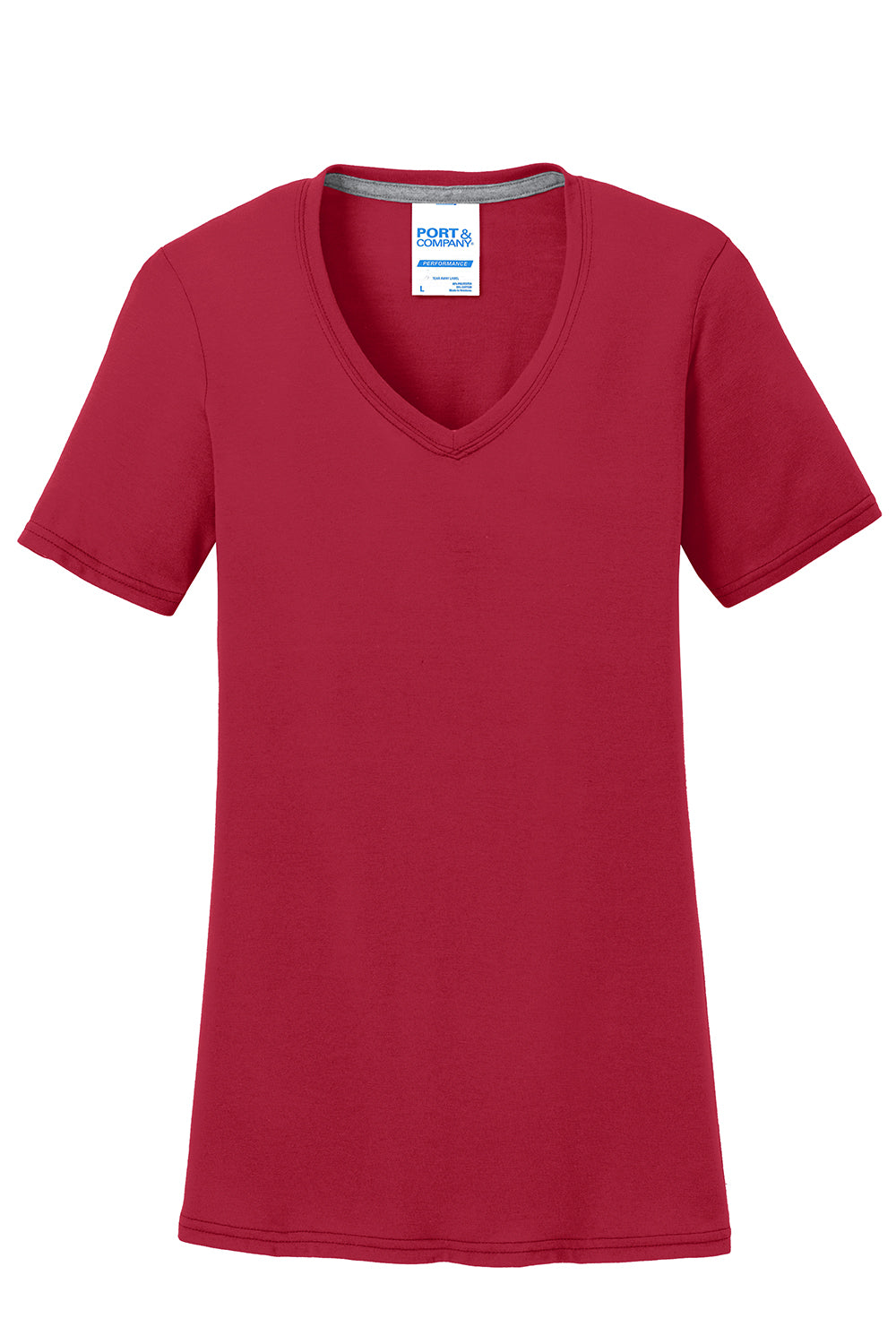 Port & Company LPC381V Womens Dry Zone Performance Moisture Wicking Short Sleeve V-Neck T-Shirt Red Flat Front