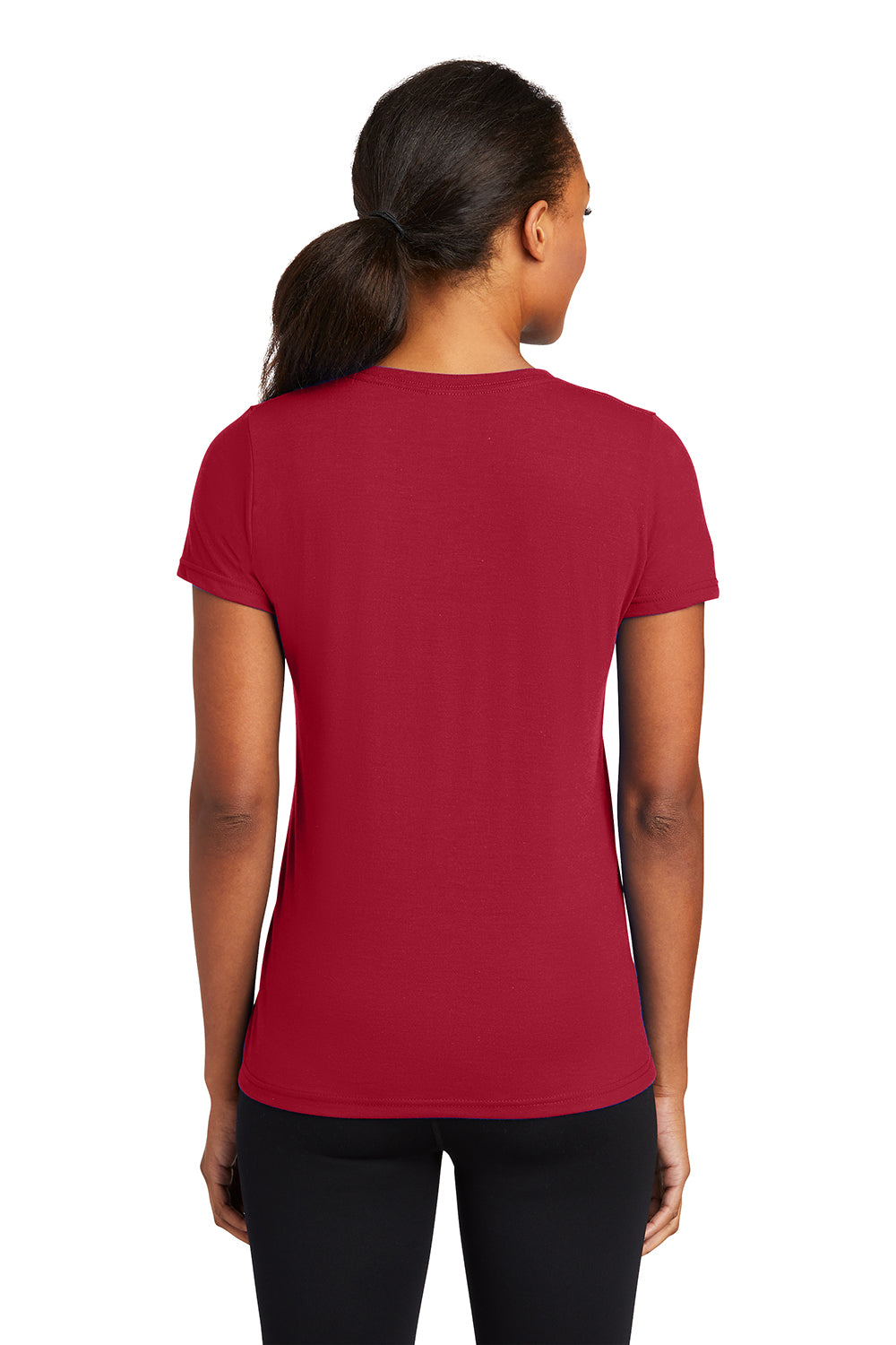 Port & Company LPC381V Womens Dry Zone Performance Moisture Wicking Short Sleeve V-Neck T-Shirt Red Model Back