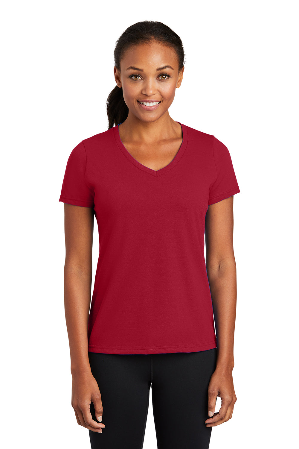 Port & Company LPC381V Womens Dry Zone Performance Moisture Wicking Short Sleeve V-Neck T-Shirt Red Model Front