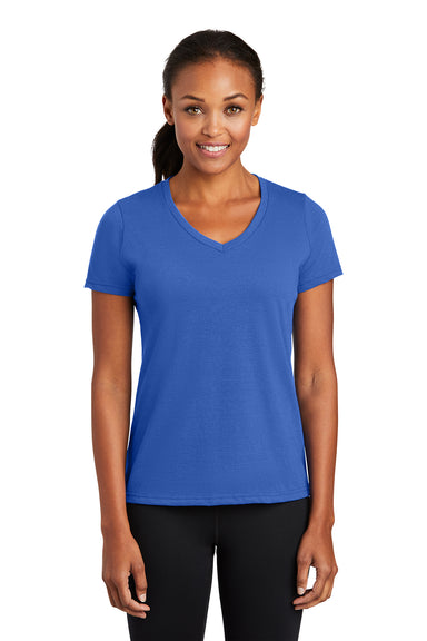 Port & Company LPC381V Womens Dry Zone Performance Moisture Wicking Short Sleeve V-Neck T-Shirt Royal Blue Model Front