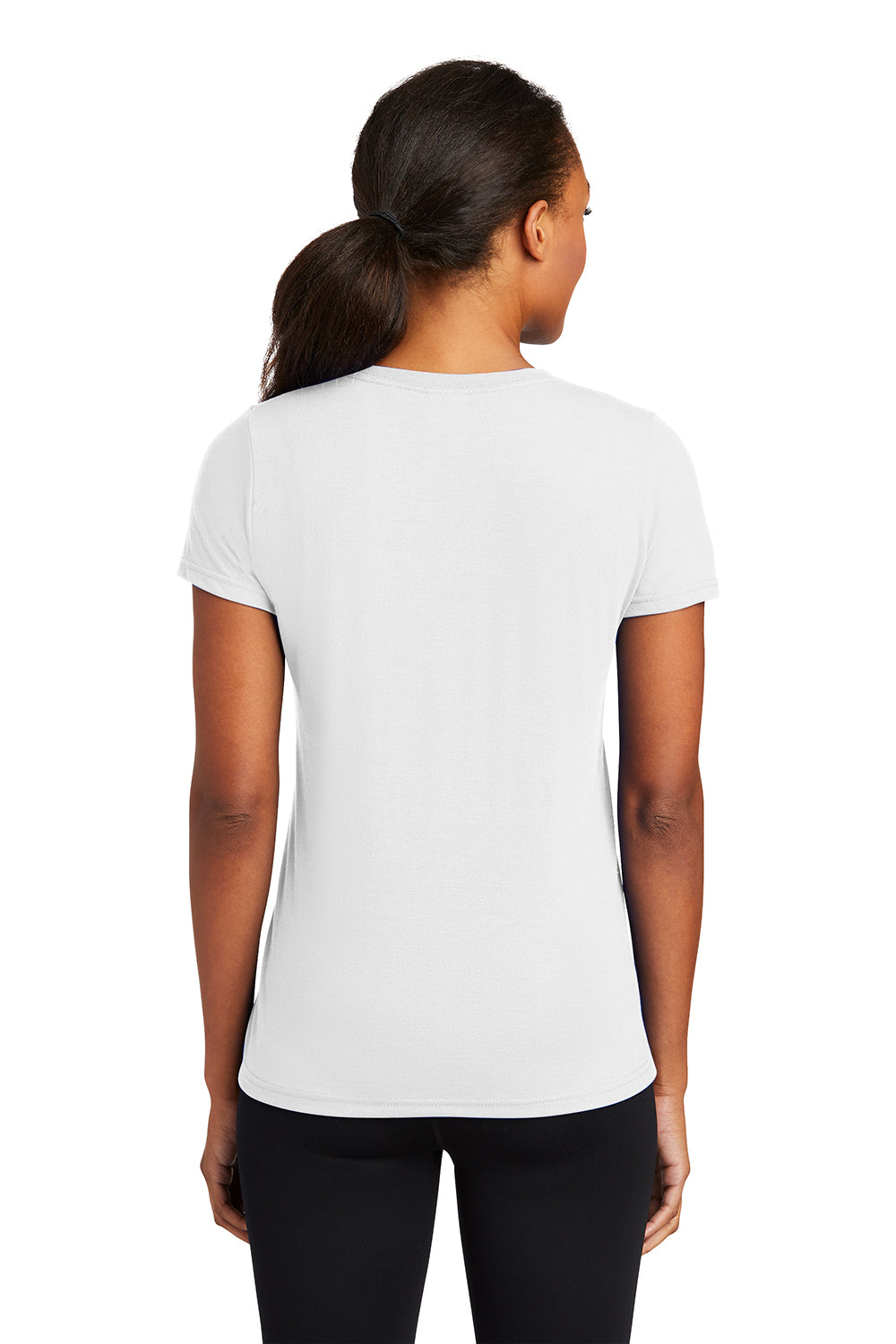 Port & Company LPC381V Womens Dry Zone Performance Moisture Wicking Short Sleeve V-Neck T-Shirt White Model Back