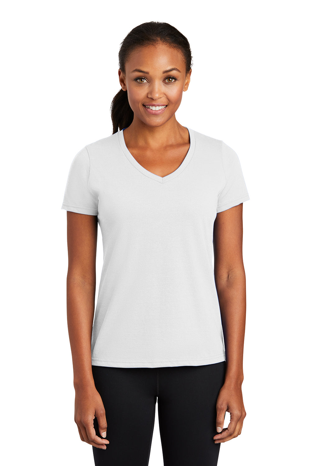 Port & Company LPC381V Womens Dry Zone Performance Moisture Wicking Short Sleeve V-Neck T-Shirt White Model Front