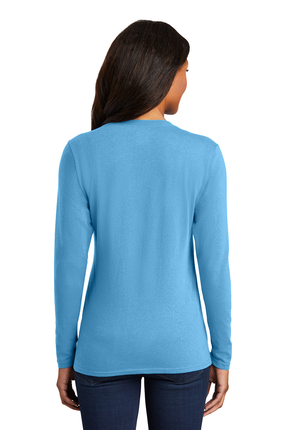 Port & Company LPC54LS Womens Core Long Sleeve Crewneck T-Shirt Aquatic Blue Model Back