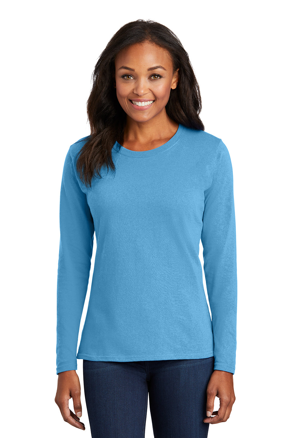 Port & Company LPC54LS Womens Core Long Sleeve Crewneck T-Shirt Aquatic Blue Model Front