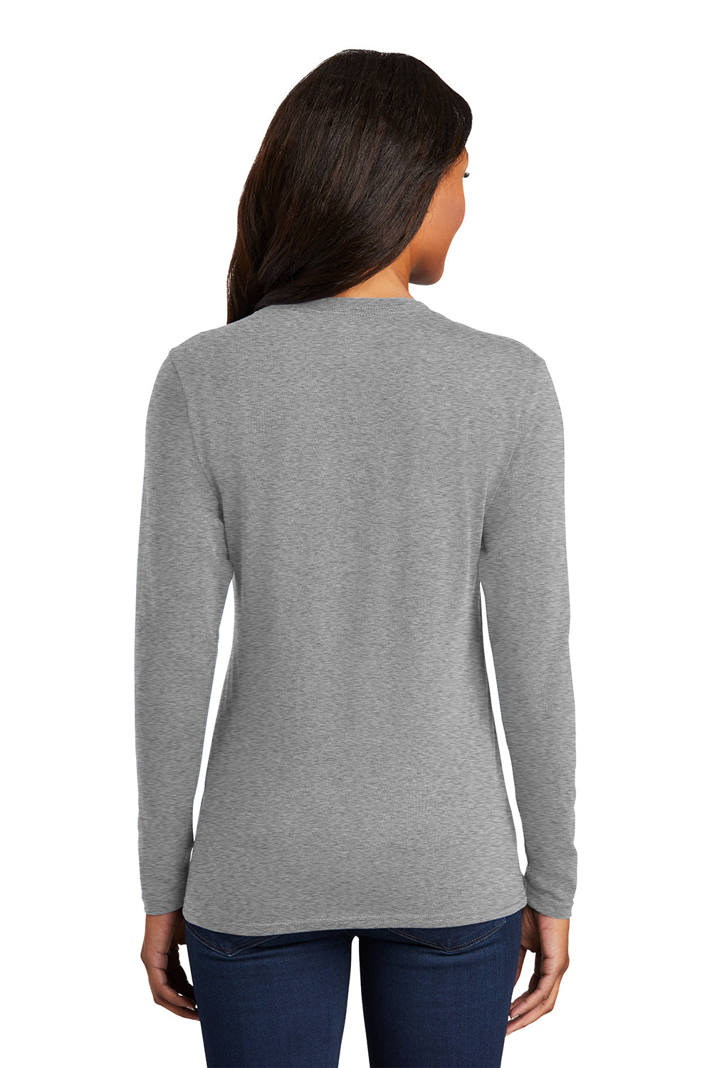 Port & Company LPC54LS Womens Core Long Sleeve Crewneck T-Shirt Heather Grey Model Back