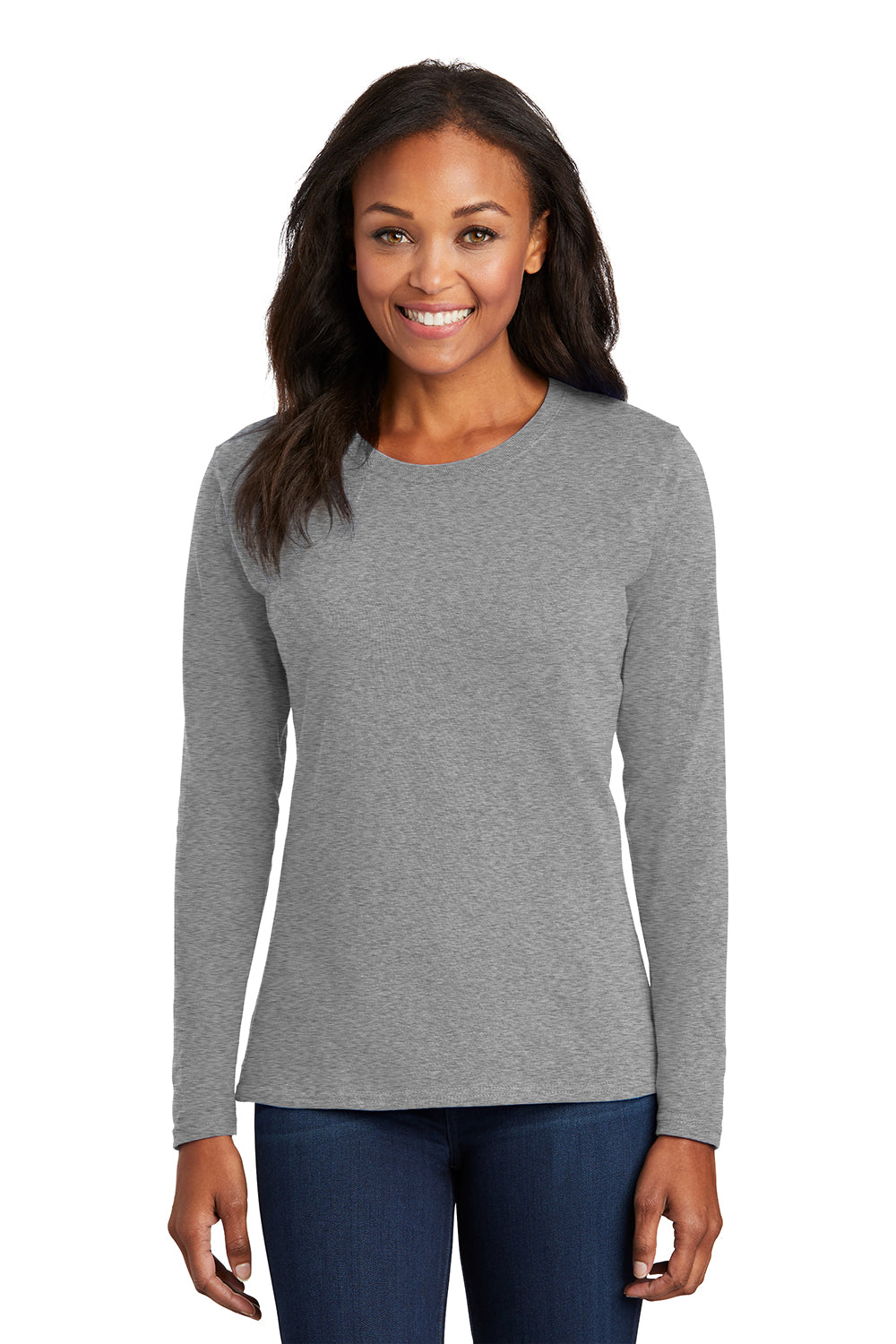 Port & Company LPC54LS Womens Core Long Sleeve Crewneck T-Shirt Heather Grey Model Front