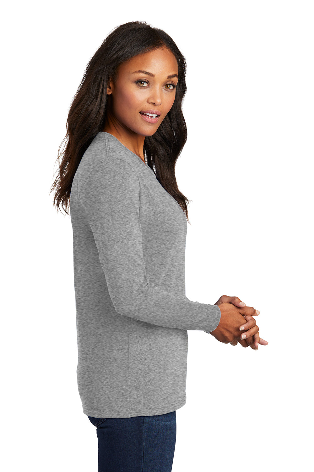 Port & Company LPC54LS Womens Core Long Sleeve Crewneck T-Shirt Heather Grey Model Side