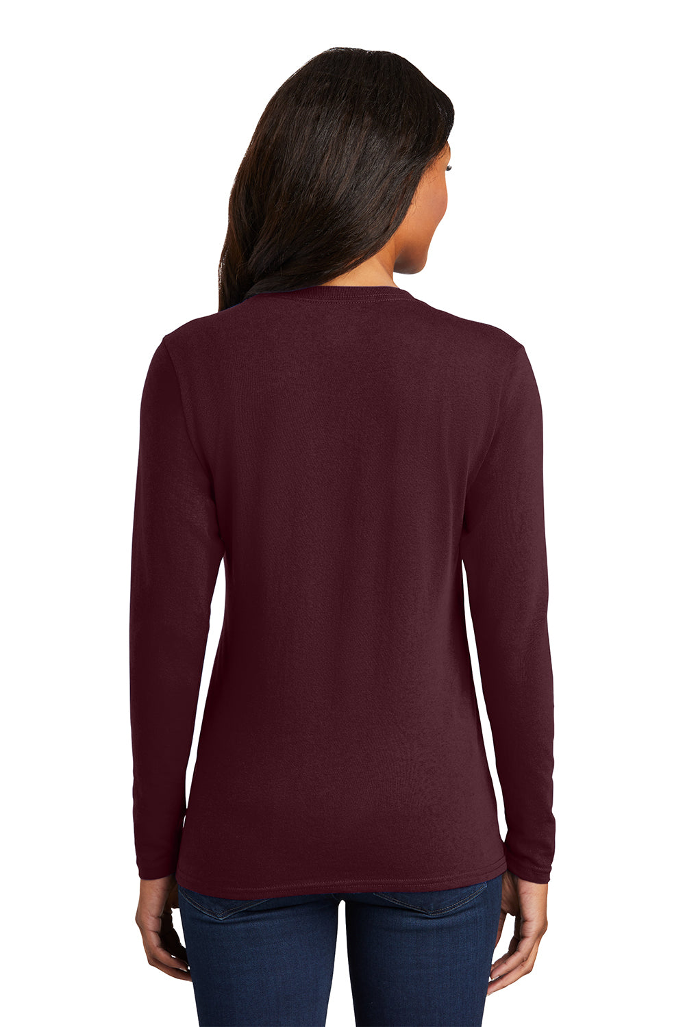 Port & Company LPC54LS Womens Core Long Sleeve Crewneck T-Shirt Athletic Maroon Model Back