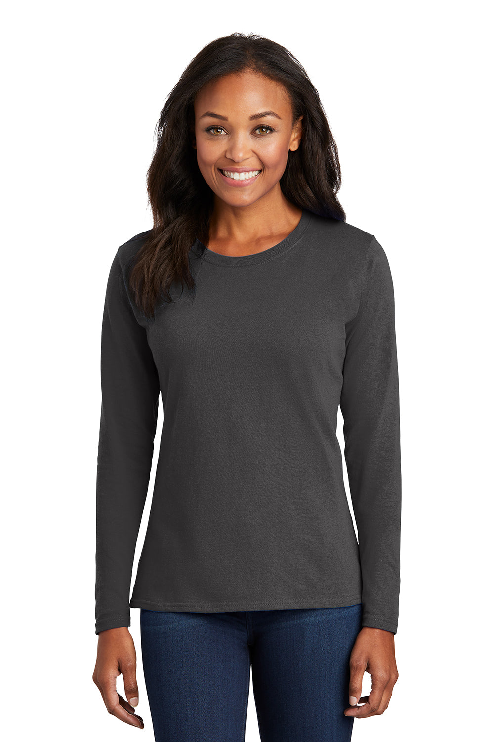 Port & Company LPC54LS Womens Core Long Sleeve Crewneck T-Shirt Charcoal Grey Model Front