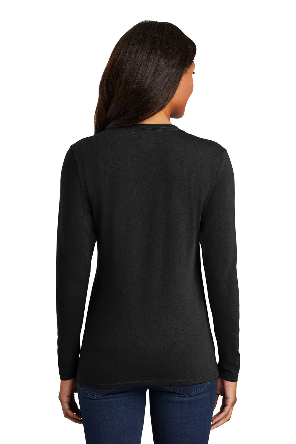 Port & Company LPC54LS Womens Core Long Sleeve Crewneck T-Shirt Jet Black Model Back