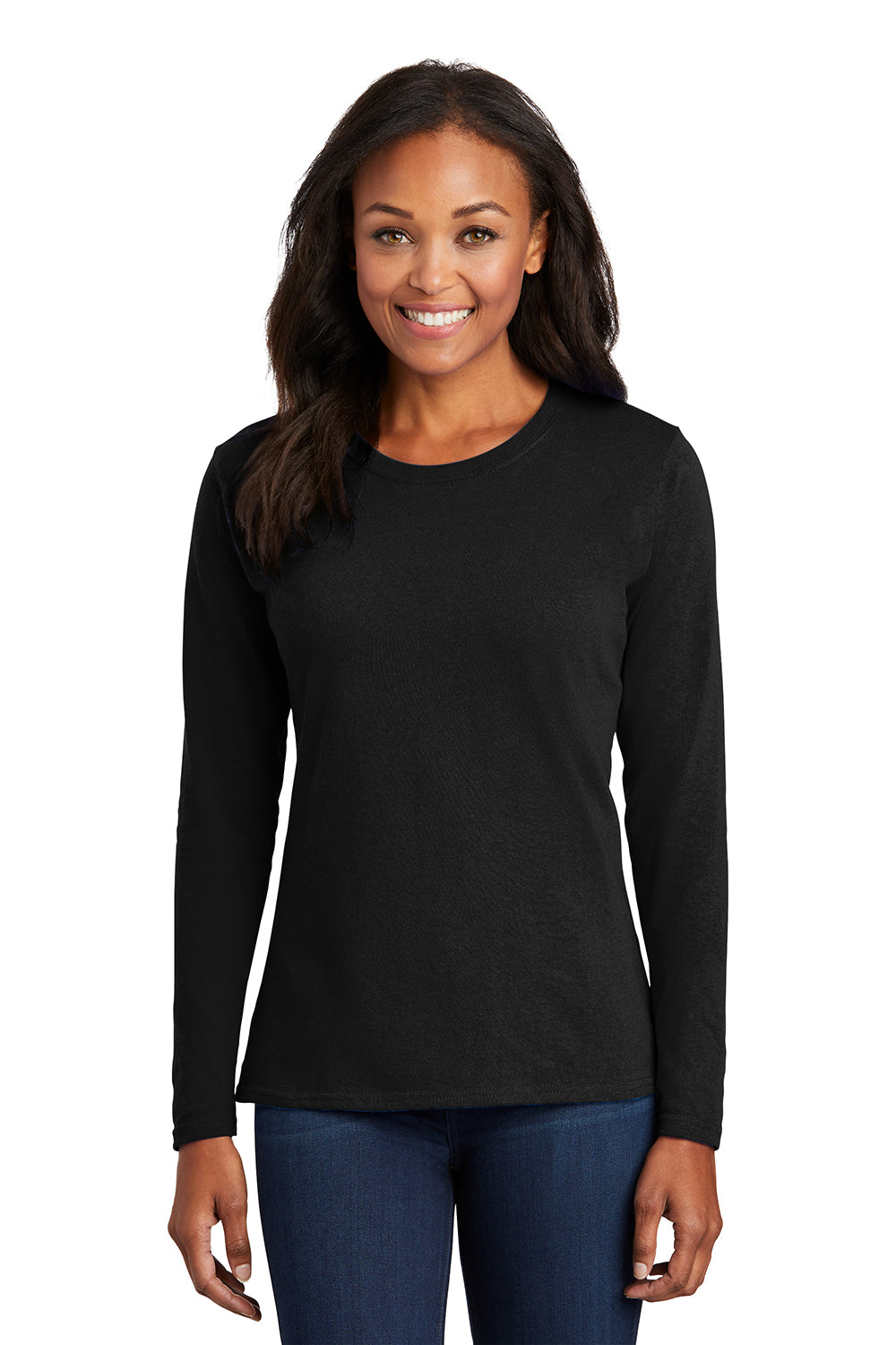 Port & Company LPC54LS Womens Core Long Sleeve Crewneck T-Shirt Jet Black Model Front