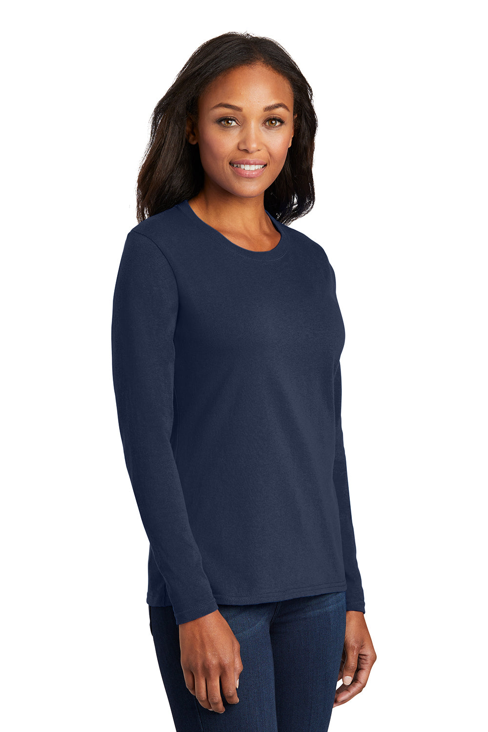 Port & Company LPC54LS Womens Core Long Sleeve Crewneck T-Shirt Navy Blue Model 3q