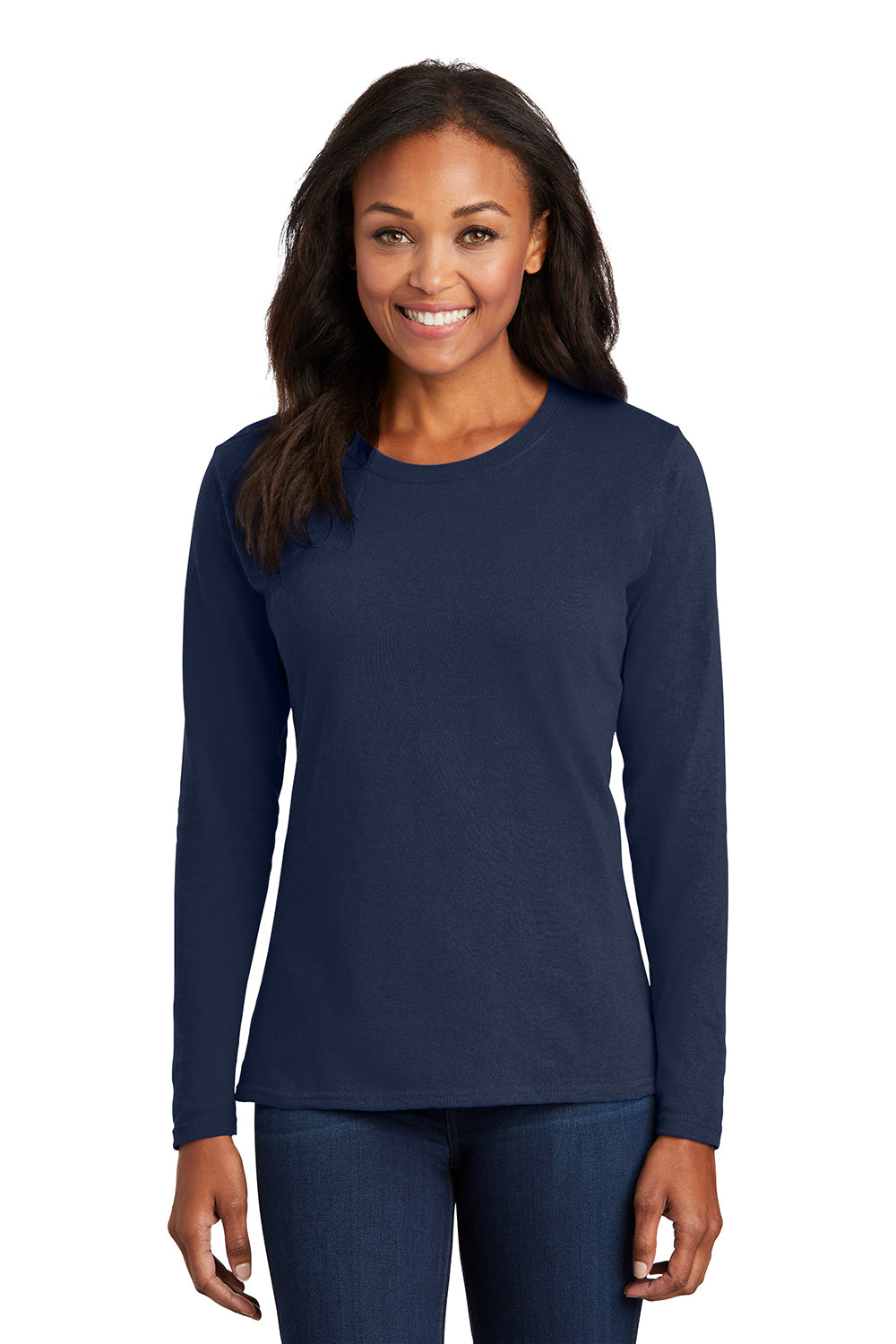 Port & Company LPC54LS Womens Core Long Sleeve Crewneck T-Shirt Navy Blue Model Front