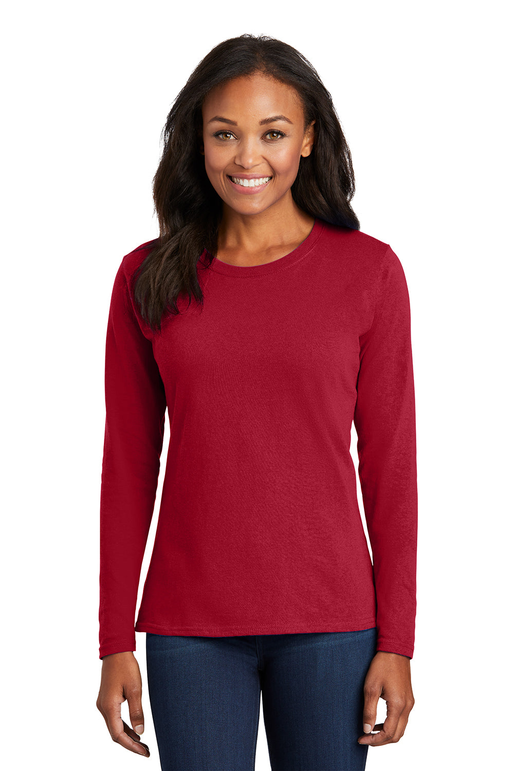 Port & Company LPC54LS Womens Core Long Sleeve Crewneck T-Shirt Red Model Front