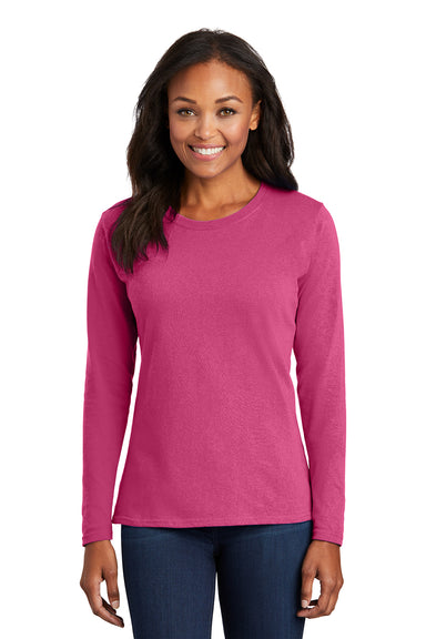 Port & Company LPC54LS Womens Core Long Sleeve Crewneck T-Shirt Sangria Pink Model Front